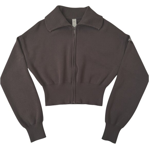 Alo Yoga Scholar Knit Cropped Zip Jacket Espresso Brown Ribbed Knit Sweater XS - Picture 2 of 9